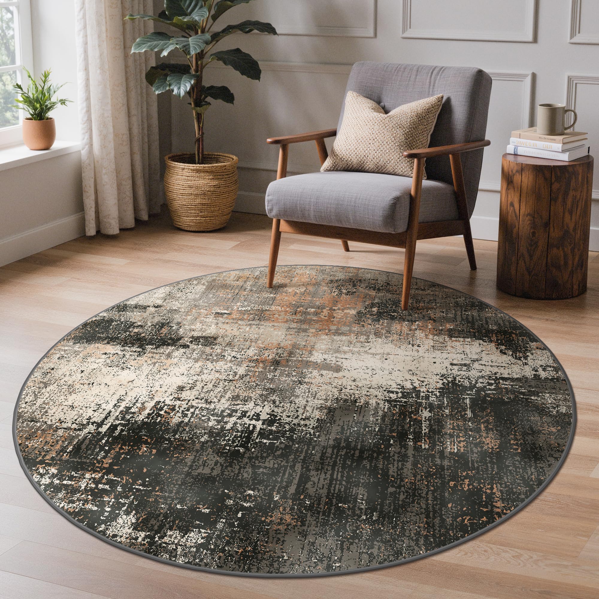BEIMO Circle Washable Rug 120cm – Soft Abstract Area Carpet Non-Slip Backing, Machine Washable Bedside Rugs for Bedroom, Living Room & Nursery, Earthen Brown