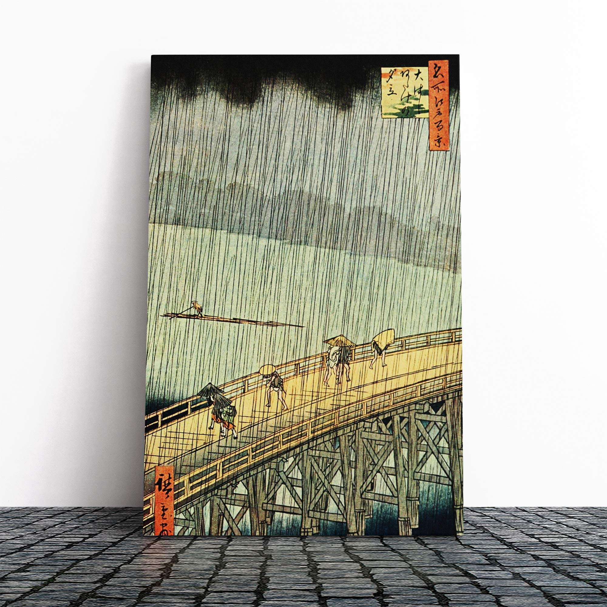 Wall Hiroshige Ichiryusai Bridge in Rain Japanese Oriental Art Canvas Print | Gallery Wrapped 30mm Frame Wall Art | 30x20 inches | Ready to Hang | Asian Landscape Picture | Living Room Lounge Office