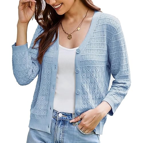 GRACE KARIN Women Lightweigt Cardigan, 2026 Spring 3/4 Sleeve Crochet Sweaters, Summer Cropped Knit Trendy Shrug Tops