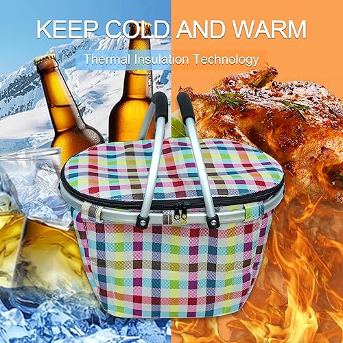 Miniatura 3 de LIQING - Cesta de picnic 25L, aislada, a prueba de fugas, con dos asas, plegable y fácil de llevar, con 4barras de soporte integradas, para compras,