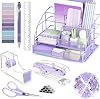 Purple Desk Organizers and Accessories, Purple Office Supplies with Mesh Desk Organizer, Acrylic Tape Dispenser and Stapler, Staples, Ballpoint Pen, Clips Set, Ruler, Scissor, Sticky Labels