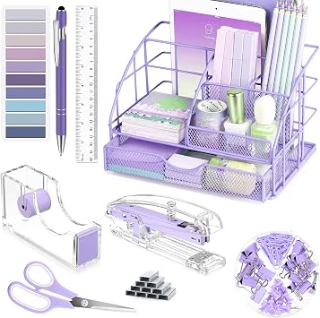 Purple Desk Organizers and Accessories, Purple Office Supplies with Mesh Desk Organizer, Acrylic Tape Dispenser and Stapler, Staples, Ballpoint Pen, Clips Set, Ruler, Scissor, Sticky Labels