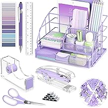 Purple Desk Organizers and Accessories, Purple Office Supplies with Mesh Desk Organizer, Acrylic Tape Dispenser and Stapler, Staples, Ballpoint Pen, Clips Set, Ruler, Scissor, Sticky Labels