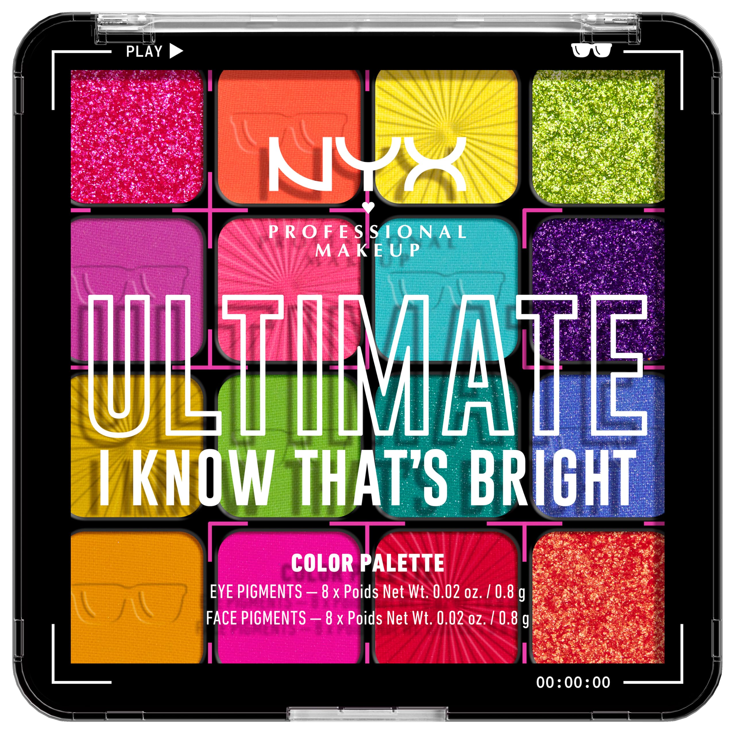 NYX Professional Makeup Lidschattenpalette mit 16 Farbtönen, Intensives und langanhaltendes Finish, Vegane Formel ohne Inhaltsstoffe tierischen Ursprungs, Ultimate Shadow, Farbton: Brights