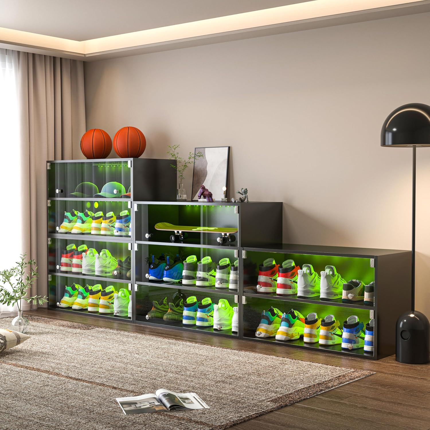 Stackable Sneaker Storage with Lights for Up to 9 Pairs of Shoes, Sneaker Case with Glass Doors, Clear Shoe Boxes Stackable and Wooden Showing Shoe Rack for Space Saving, Black