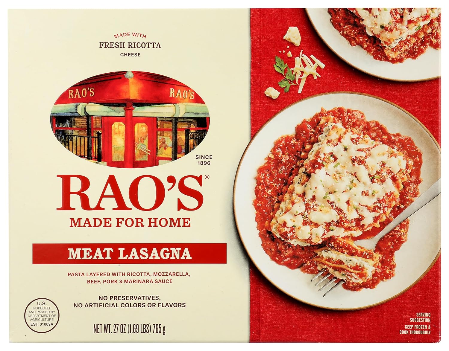 Rao's Made for Home Meat Lasagna, Frozen Meals, 27oz, Premium Quality Italian Tomatoes, Pasta, and Fresh Ricotta Cheese