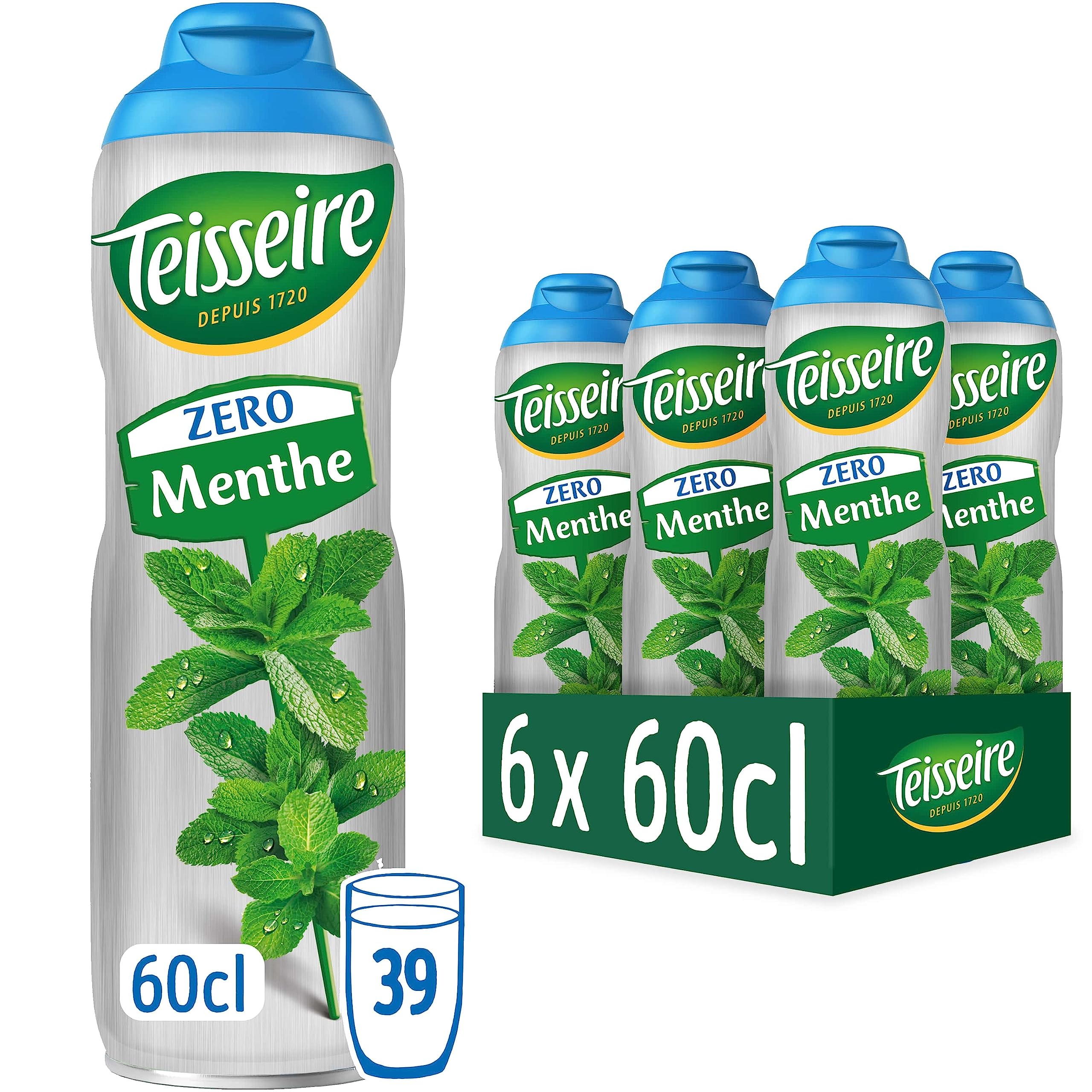 Teisseire Zéro Sucre, Sirop de Menthe Verte pour Boisson Rafraîchissante, Cocktails, Bidon 6x60cl