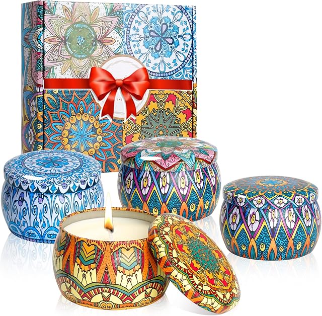 Scented Candles Gifts for Women, 4 Pack 4.4 OZ Burning for 25-30 Hours Natural Soy Wax Aromatherapy Tin Jar Scented Candles Set for Yoga Bath Stress Relief, Christmas Gifts for Women