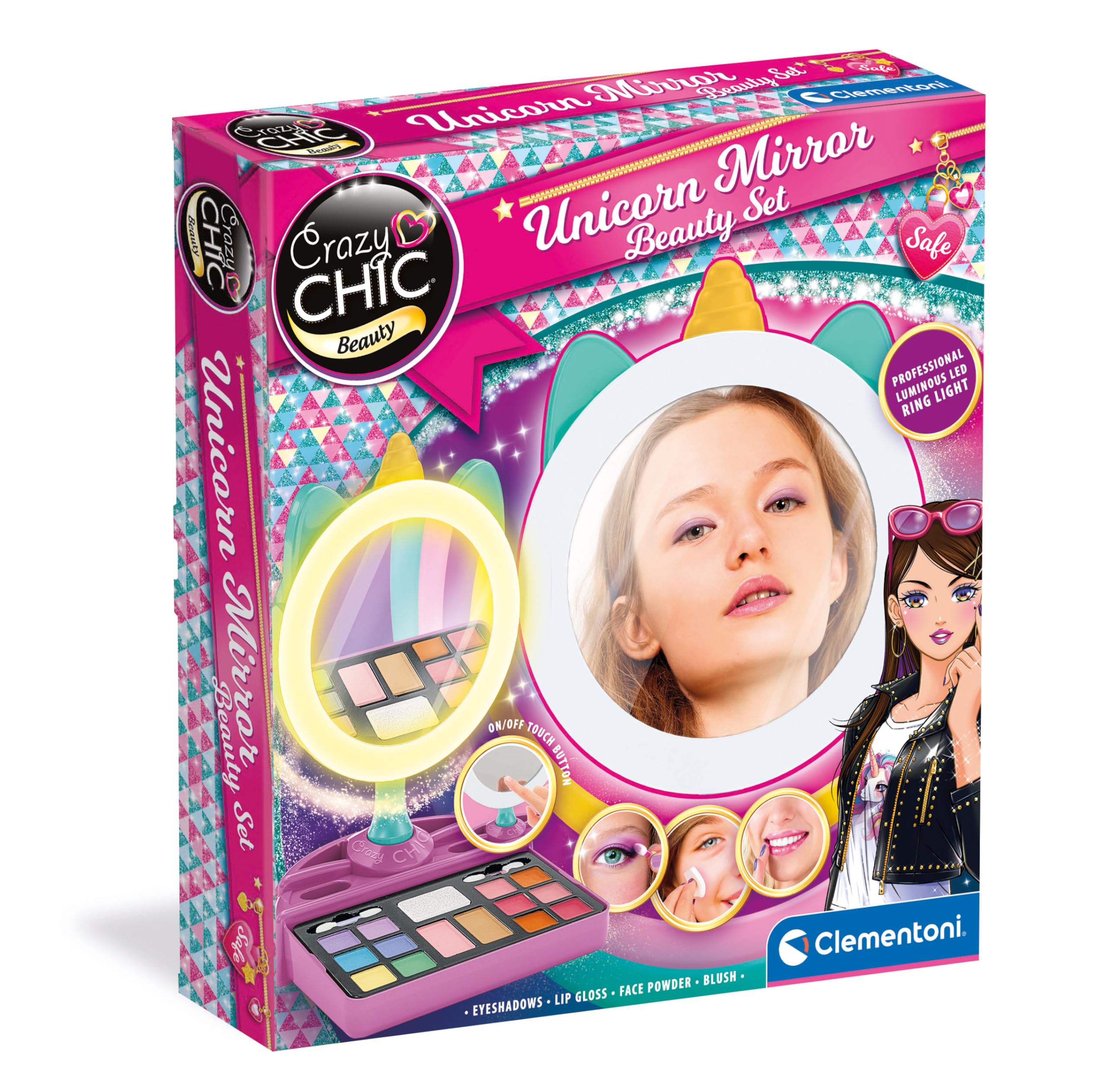 Clementoni Crazy Chic - Make-up Unicorn Mirror, Trousse Trucco Lavabile per Bambine 6+ Anni, Set Completo con Cosmetici e LED Ring Light, Gioco Creativo e Idea Regalo, 18855