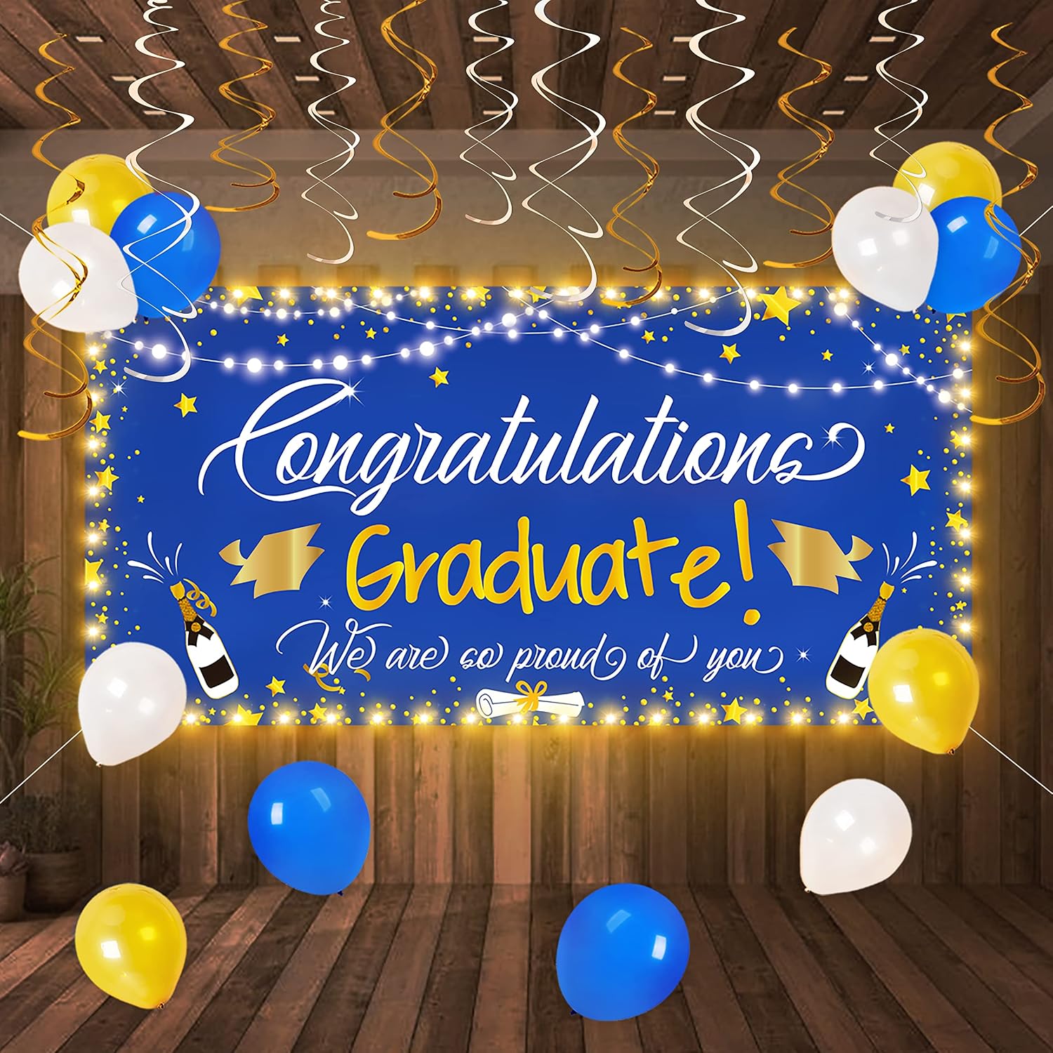 25PCS Graduation Decorations Class of 2023 - Large Congrats Grad Banner Garland Photo Backdrop+Balloons+Hanging Swirls Party Supplies(Blue)
