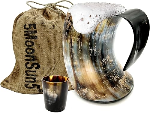 5MOONSUN5 's The Original Handmade Authentic Viking Beber Horn Tankard for Beer, Mead, Ale - Taza de Stein de inspiración medieval - Recipiente
