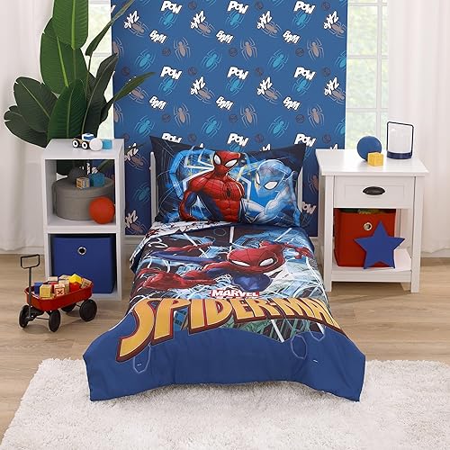 Miniatura 7 de NoJo Marvel Spiderman to The Rescue - Juego de sábanas de 2 piezas para niños pequeños, color rojo, blanco y azul, sábana bajera ajustable para cuna