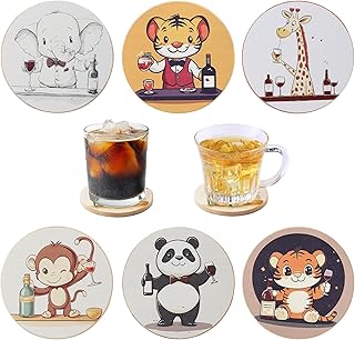 Coasters Set of 6, JINLIFA Natural Bamboo Cute Drink Cup Coasters Set for Modern Home Decor and Coffee Table, 4 x 4 x 0.27 Inches (No Holder, Stylish Animal Themed)