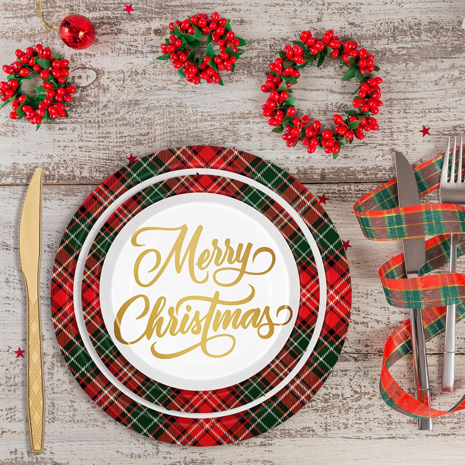 JarThenaAMCS 400Pcs Gold Foil Christmas Santa Party Supplies Kit Serves 50 Plaid Xmas Tree Paper Plates Napkins Disposable Cups Plastic Knives Forks Spoons for Holiday Party (50 Guest)