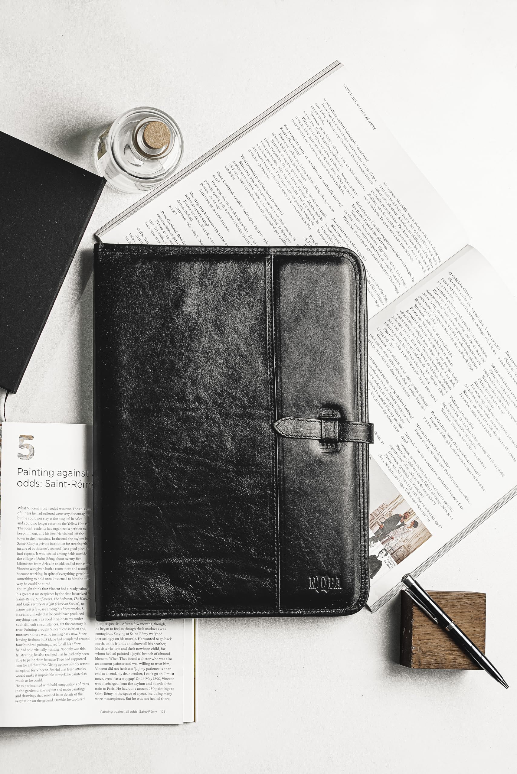 Porte-documents en cuir noir A4 haut de gamme - Organiseur professionnel avec porte-cartes et porte-stylo