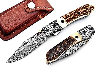 FB LEATHER CRAFTS Handmade Damascus Steel Pocket Folding Knife/Pocket Knife FBK-18791 Natural Stag Horn (Natural Stag Horn)
