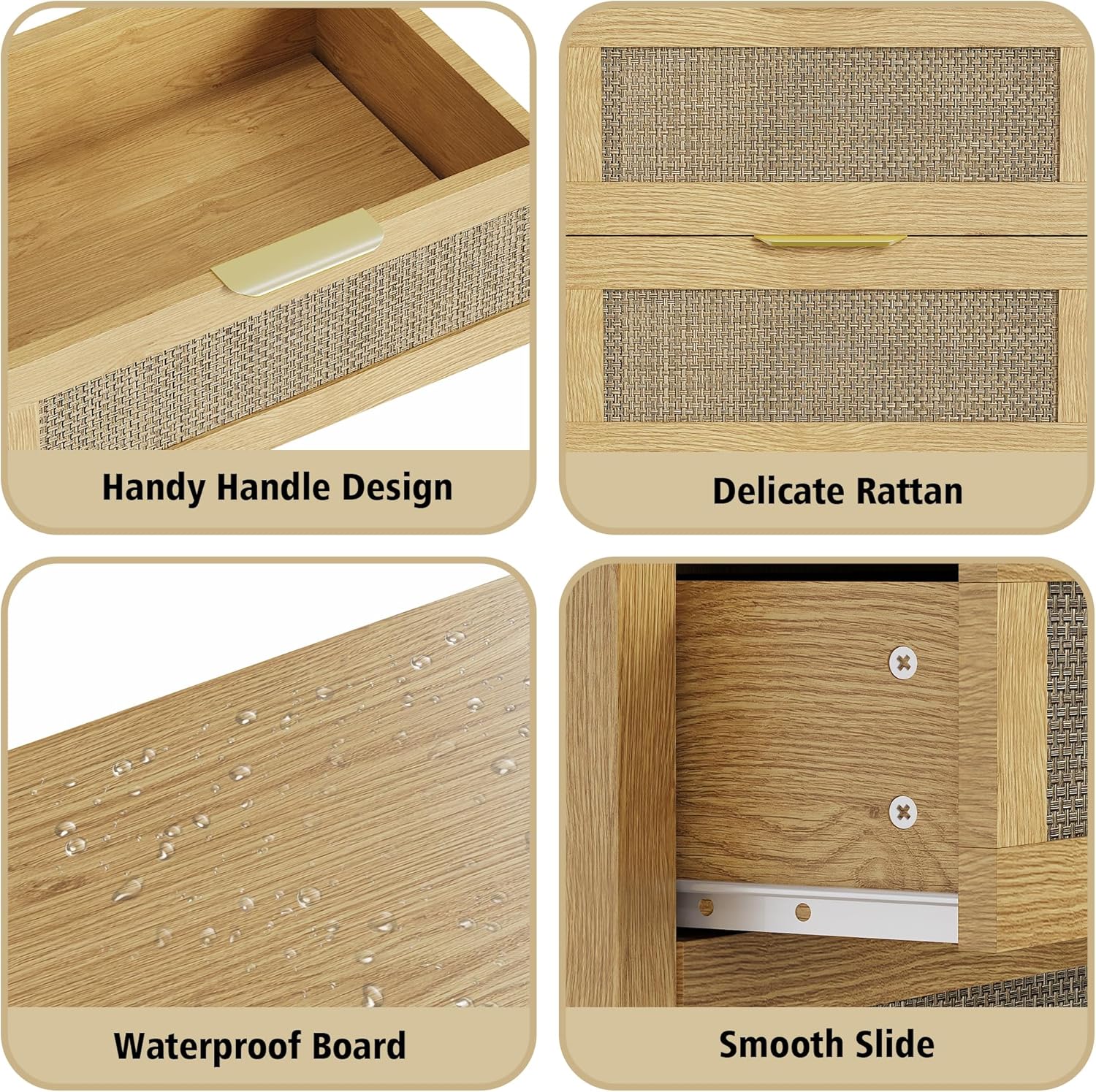 Rattan Chest of Dressers, Wooden Drawer Dresser, 3 Drawers Rattan Dresser for Bedroom, Living Room, Hallway (Yellow, 9 Drawers)