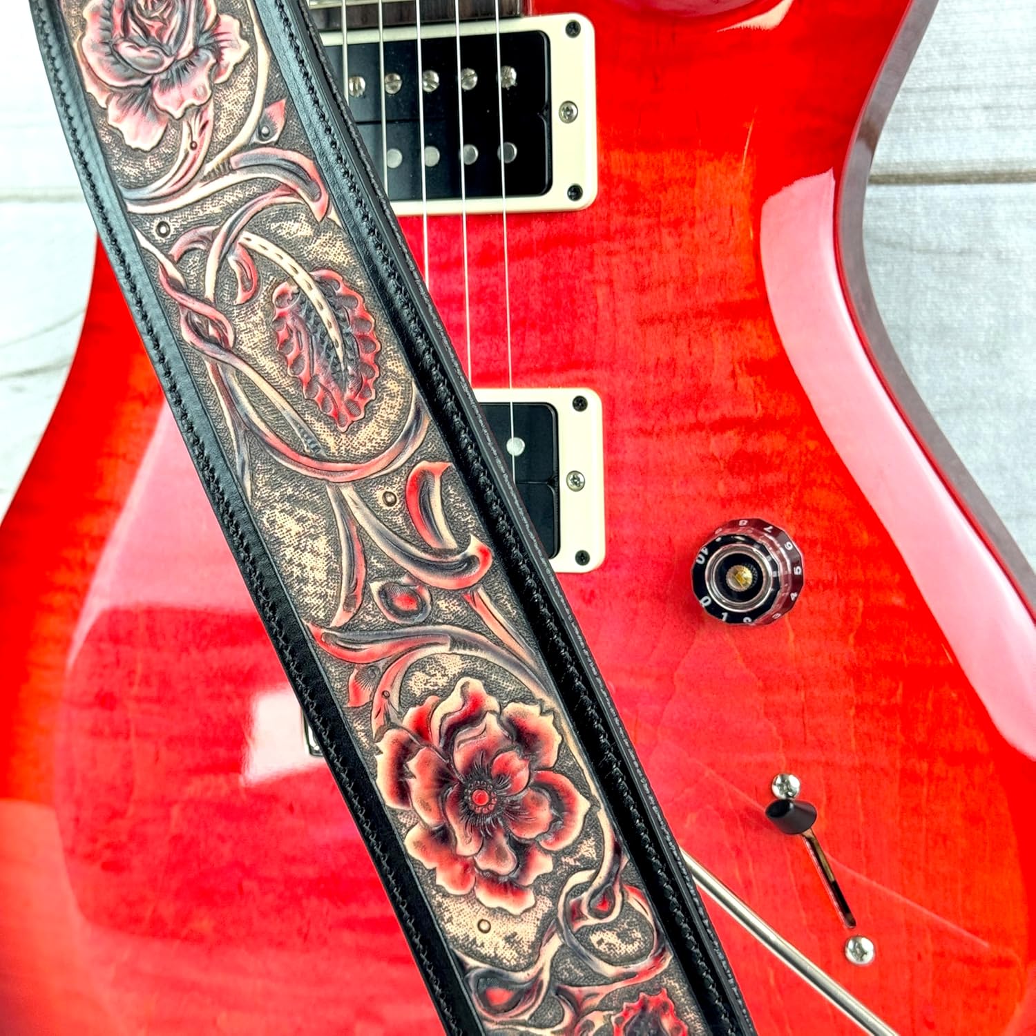 Walker And Williams LHR-17-BLK Artist Series Handmade Black Premium Carved Leather Guitar Strap With Ruby Red Western Sheridan Carving For Acoustic, Electric, And Bass Guitars