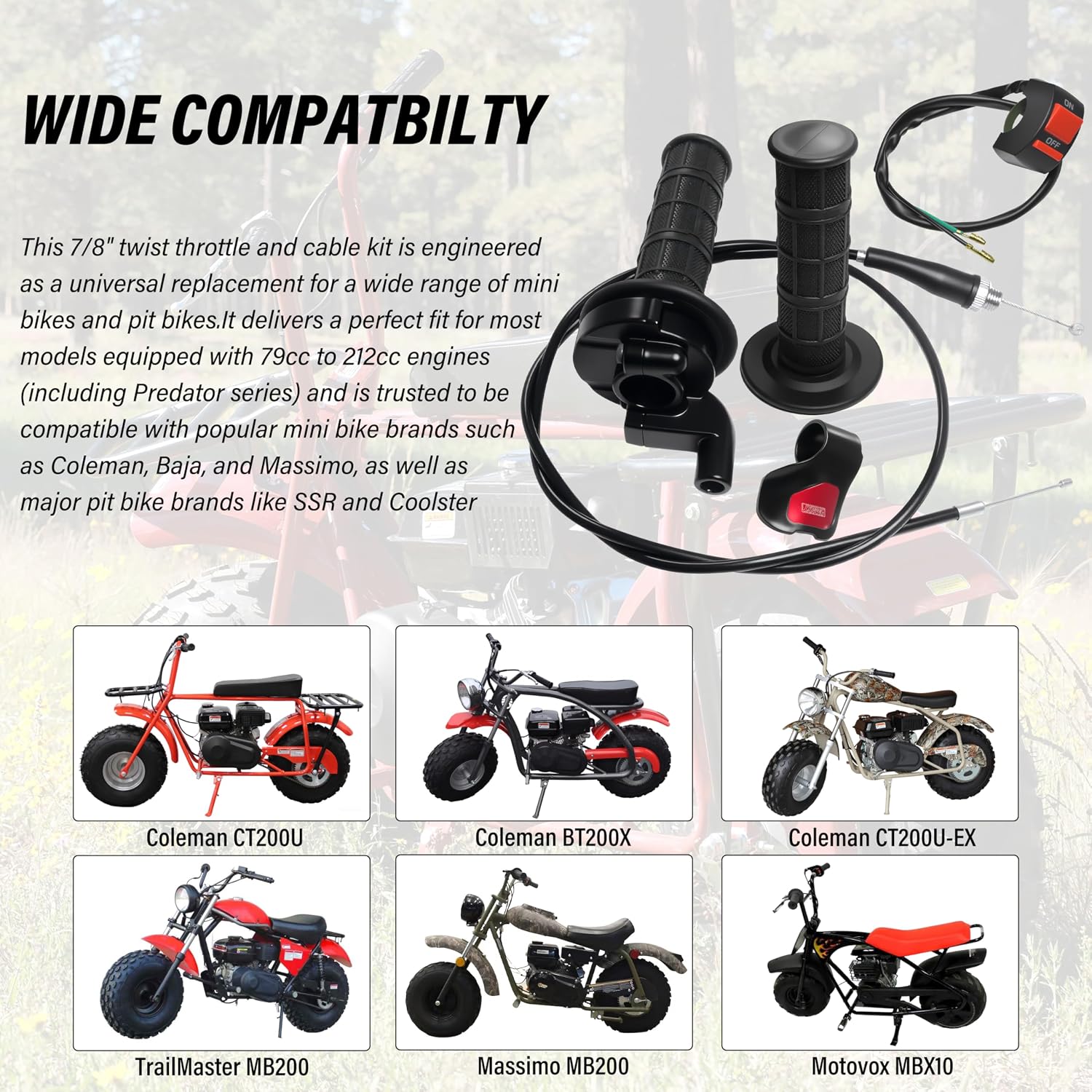 Universal Mini Bike Throttle Assembly&Cable Kit | Direct Replacement for Coleman BT200X,CT200U/EX,MB200&Predator 212cc/196cc Engines | Fits Most 7/8" Handlebar Mini Bikes with Cruise Control (Black)