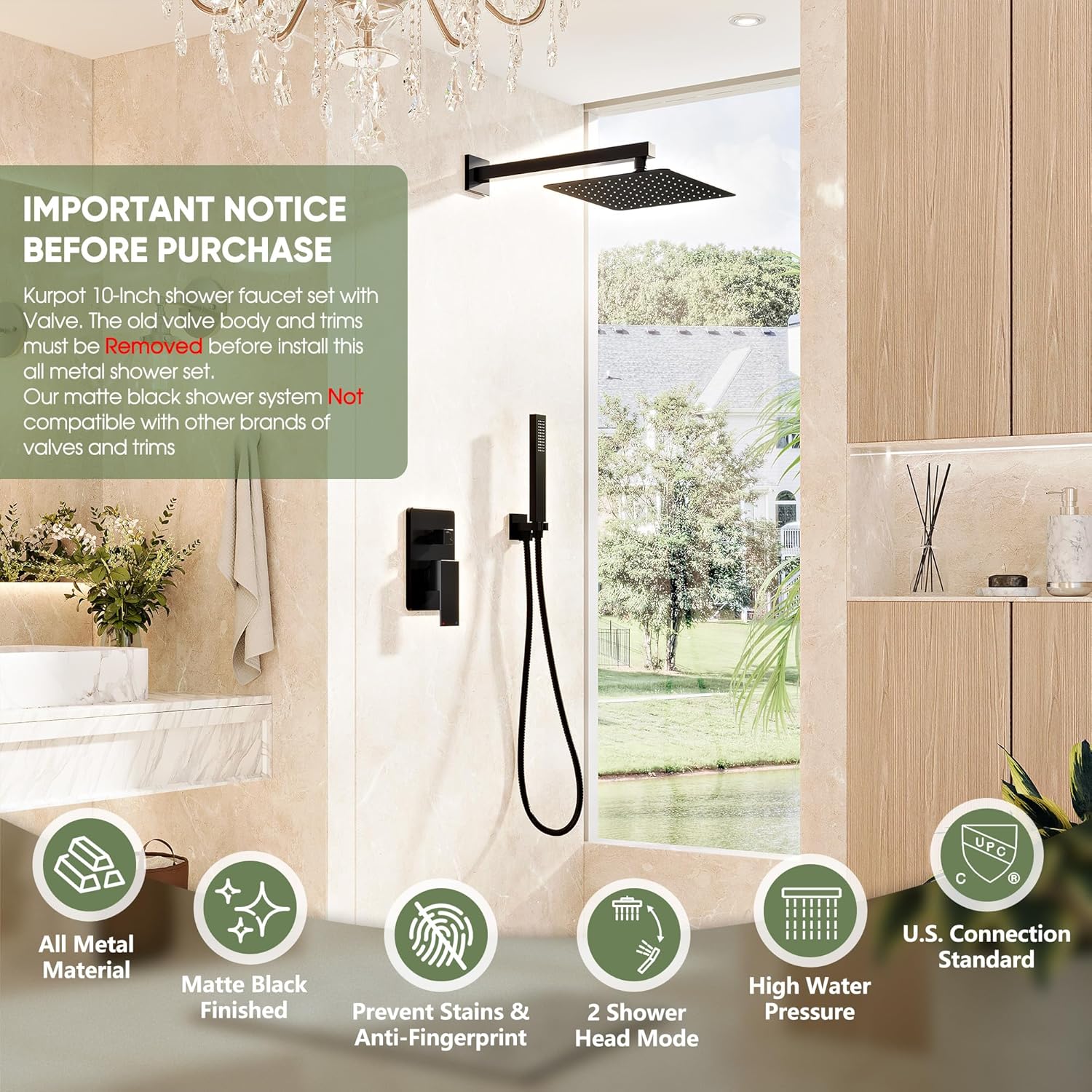 Kurpot Black Shower System, Wall Mounted Shower Faucet Set with Valve, 10-Inch Rainfall Shower Head with Handheld Combo Spray, 59'' Long Shower Hose and Shower Trim Kit, Matte Black