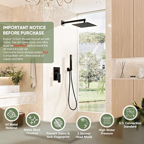 Miniatura 2 de Sistema de ducha negro mate, cabezal de ducha de alta presión de 10 pulgadas con combo de mano, juego de grifo de ducha negro montado en la pared