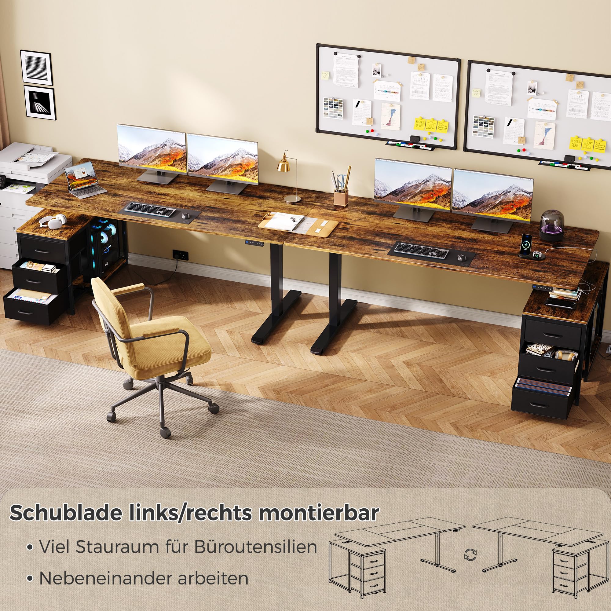 IRONCK Höhenverstellbarer Schreibtisch 160x80cm mit Steckdose, 3 Schubladen | Reversible Elektrisch Computertisch, USB-C-Anschluss, 3 Speichertasten, stufenlos verstellbar, Stehtisch für Büro, Braun