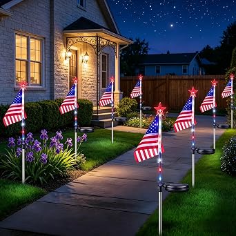 Solar American Flag Pathway Stake Lights, 4th July Patriotic Garden Decor8 Set