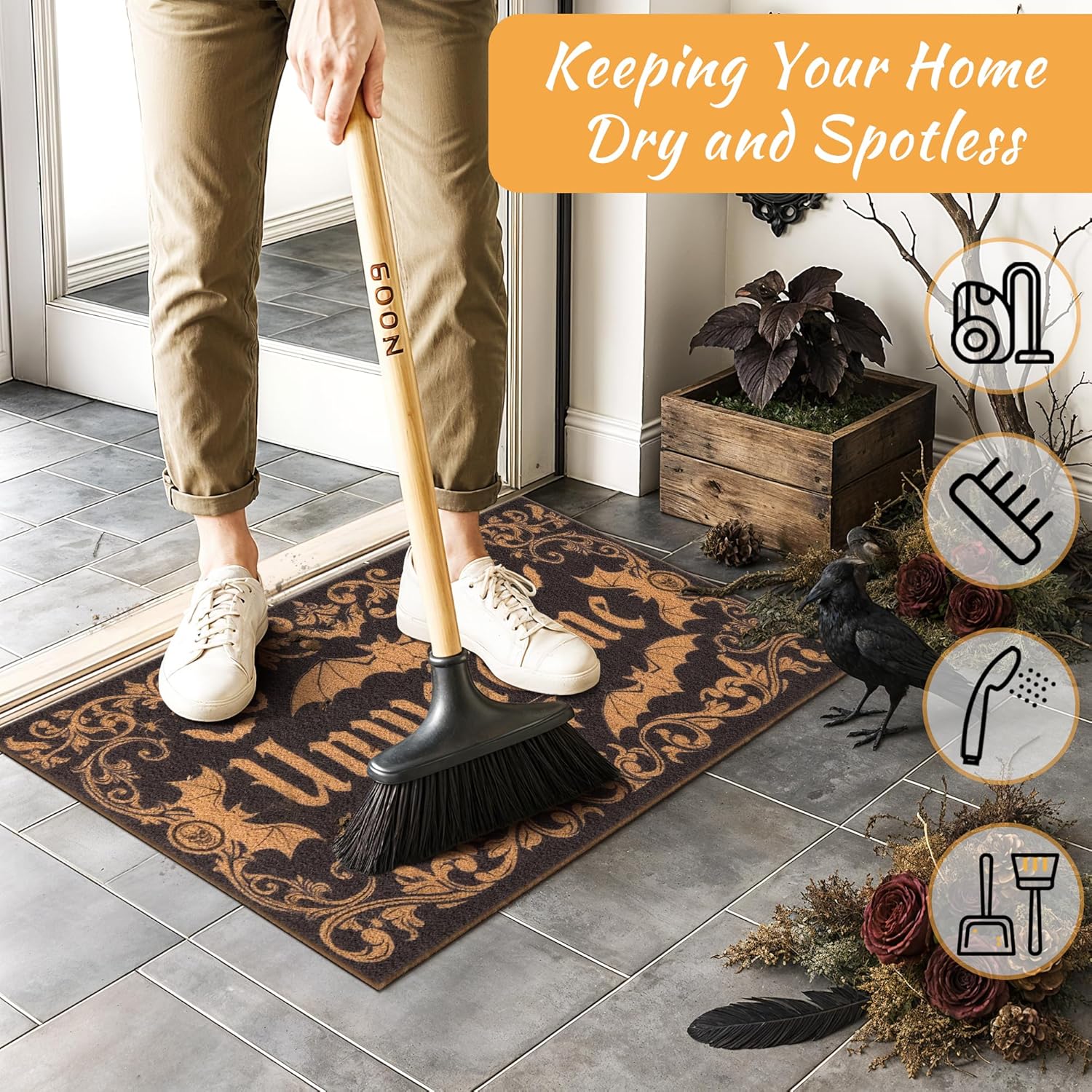 Gothic Bat Door Mat for Front Door, Doormat Outside Entrance with Unwelcome Design, Gothic Decor for Porch and Entryway, Indoor Outdoor Use, 17'' x 29.5''- Black