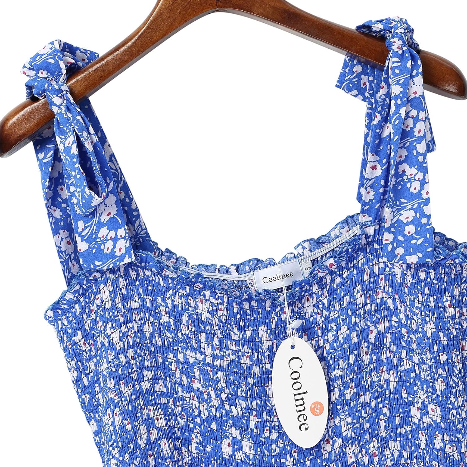 Coolmee Women's Sleeveless Maternity Dress Adjustable Strap Smocked Boho Dress Ruffle Cami Maxi Dress Photoshoot Baby Shower Blue Floral L