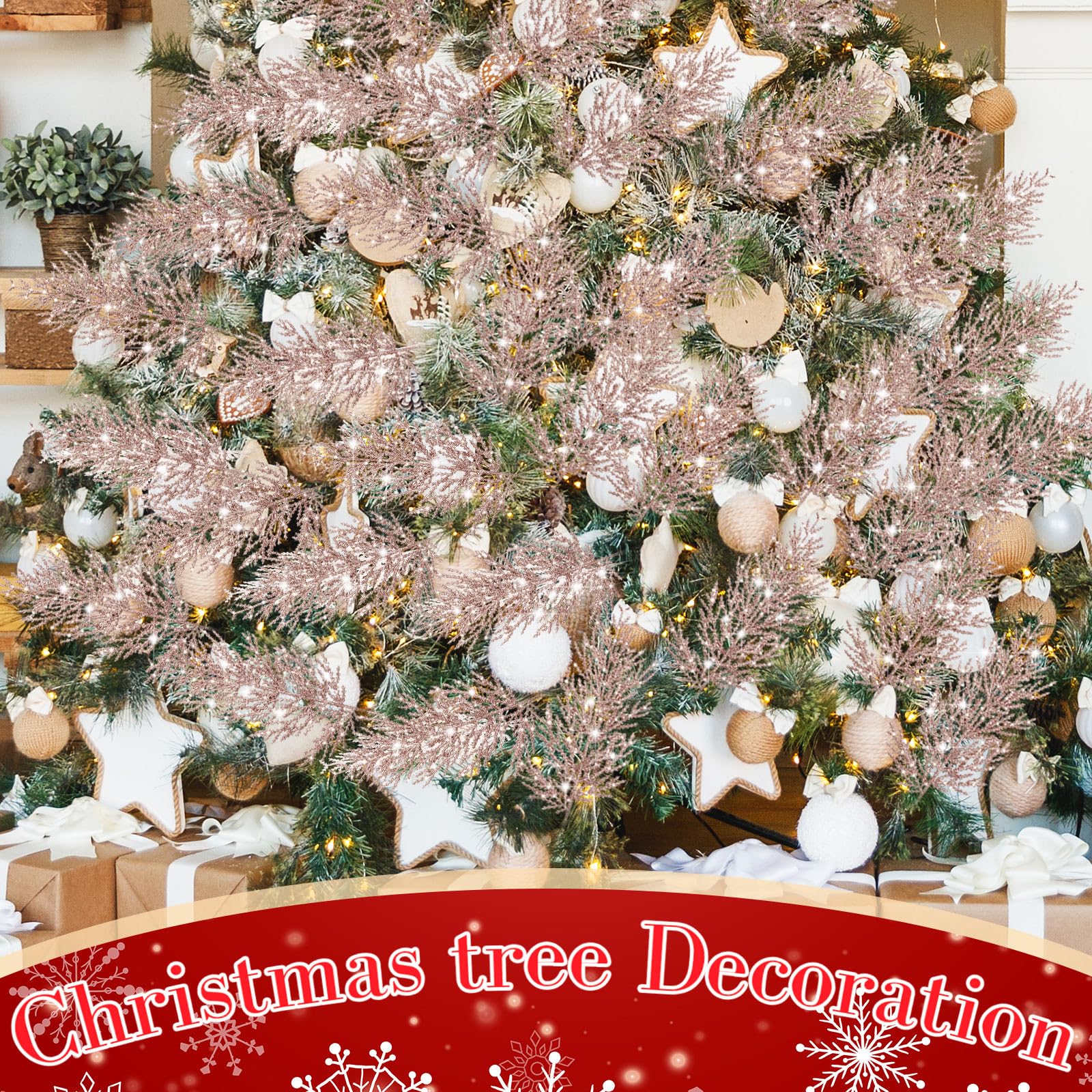 Giegxin 48 Pcs Christmas Glitter Artificial Pine Needles Pine Tree Twig Picks Branches for Christmas Tree Glittery Stem for Christmas DIY Wreath Garden Embellishing Garland Decoration (Rose Gold)