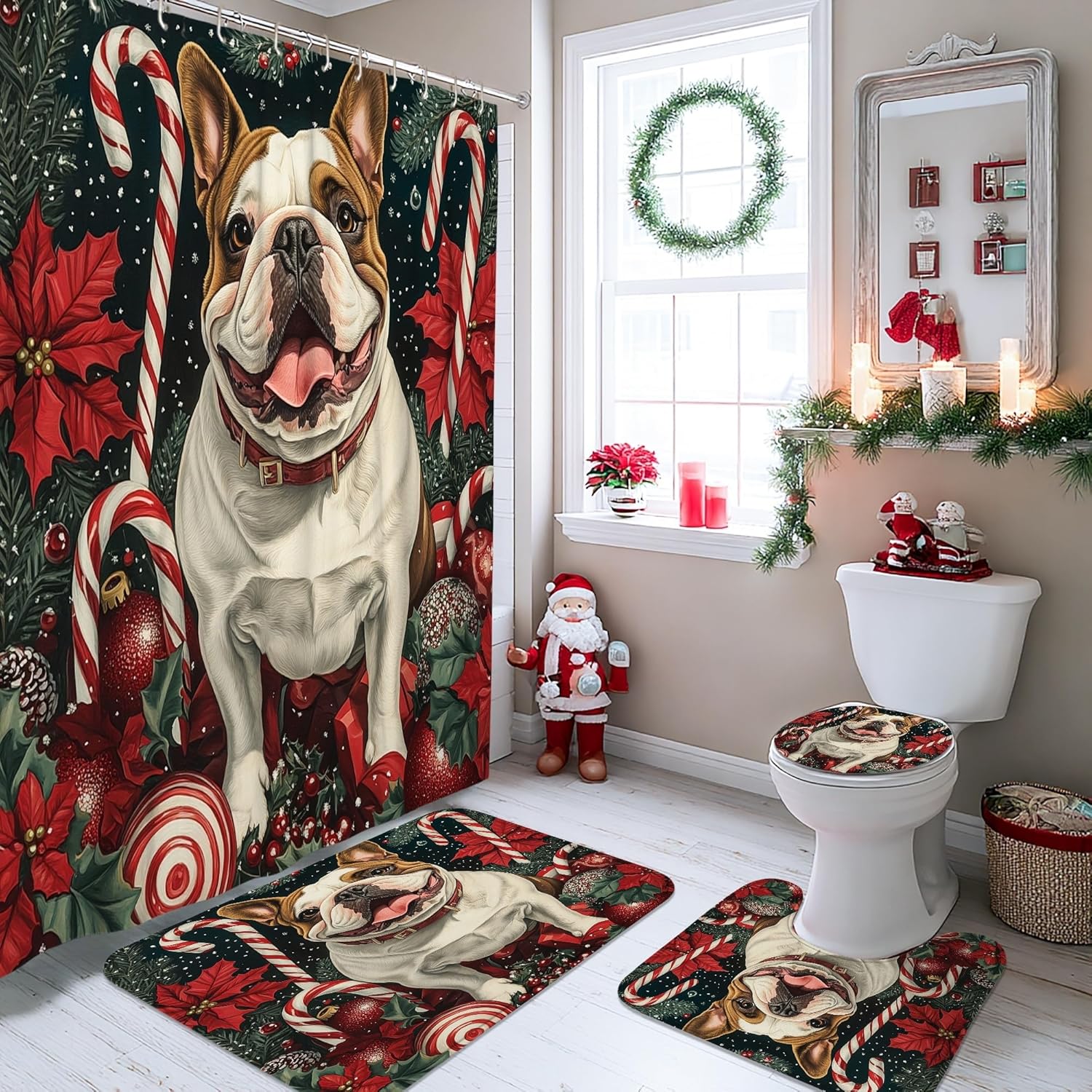 4PCS Christmas Bulldog Dog Bathroom Sets with Non-Slip Rug, U Shape Toilet Lid Cover Mat, Xmas Candy Poinsettia Puppy Bathroom Decoration 72''x72''