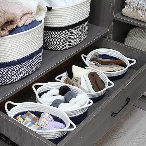 Miniatura 4 de Sea Team Paquete de 2 cestas de cuerda de algodón, 10 x 7 x 4 pulgadas, cesta de almacenamiento tejida pequeña, bandeja de tela, cuenco, plato