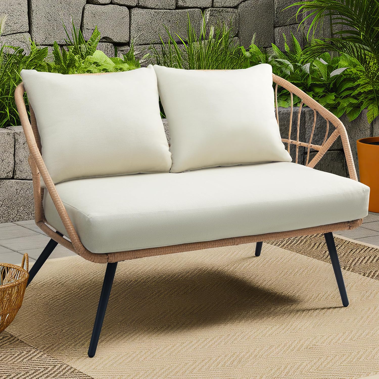 Patio Sofa, PE Rattan Wicker Loveseat, 2 Seater Outdoor Couch with 4.7" Thick Cushions, Outdoor Furniture for Garden Balcony Deck Porch or Backyard, Beige