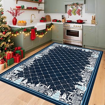 Xmas Geometric Rug for Kitchen, 3x4ft, Blue Winter House Pattern Checkered Print Christmas Area Rugs, Rubber Backed Low Pile Non Shedding Decor Mat for Entrance Foyer