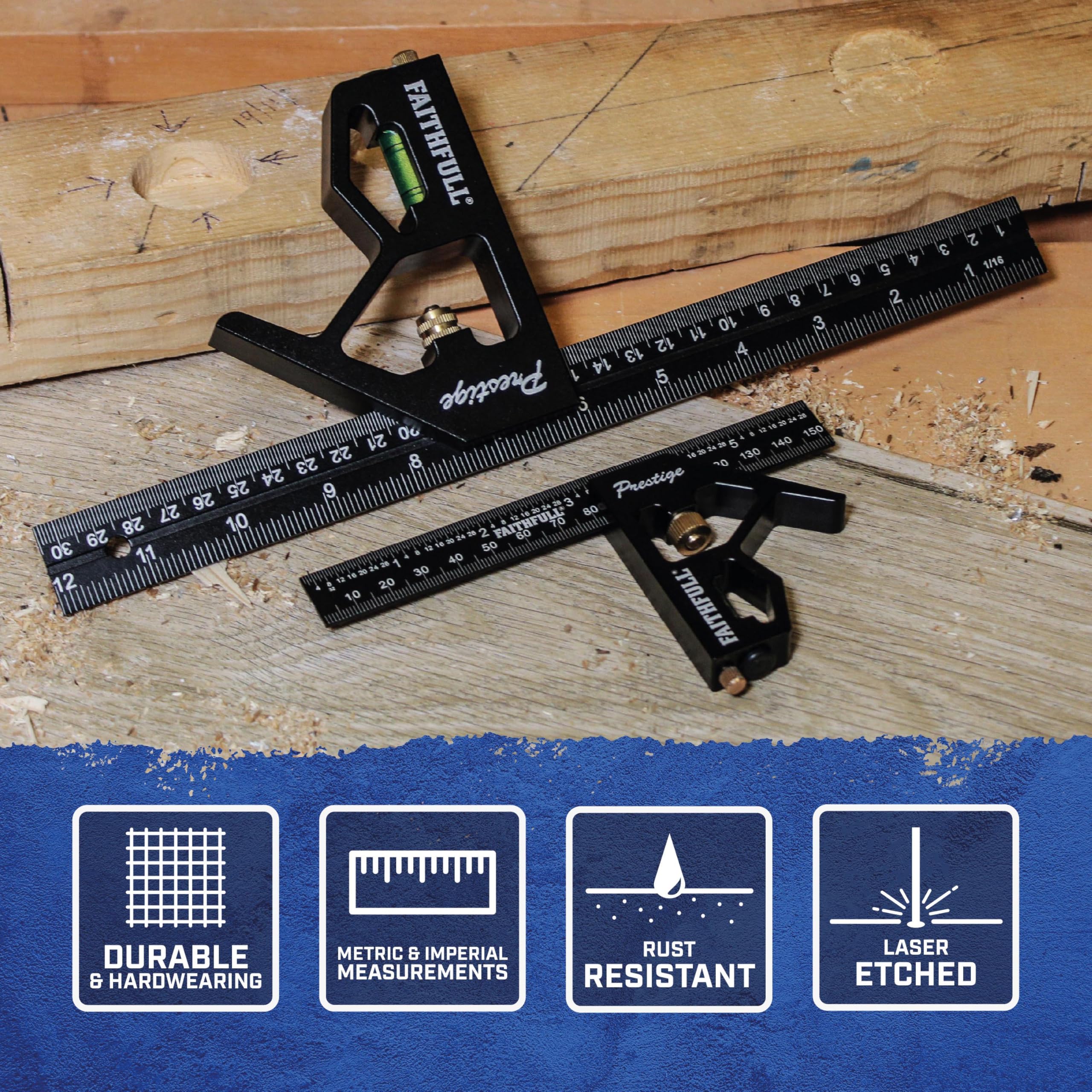Faithfull Prestige Kombinationswinkel Doppelpack, Schwarz, Aluminium, 150 mm (6 Zoll) & 300 mm (12 Zoll) – Multifunktionales Mess- und Anreißwerkzeug mit Wasserwaage und Anreißnadel