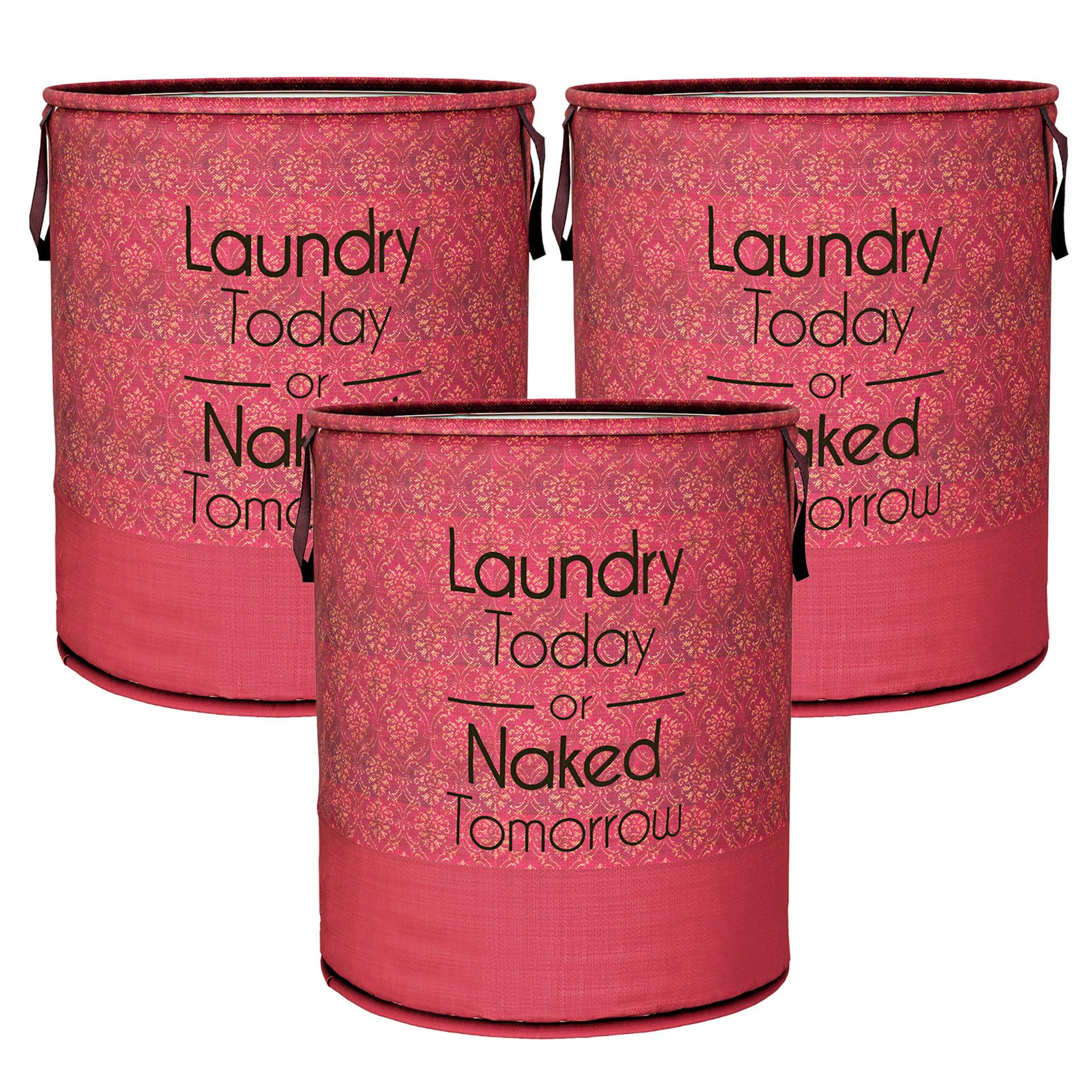 Kuber Industries Laundry Basket | Non-Woven Round Laundry Basket | Clothes Storage Hamper | Foldable Laundry Bag with Handle | Toy Storage Basket | Golden-Print | 45 LTR | Pack of 3 | Maroon