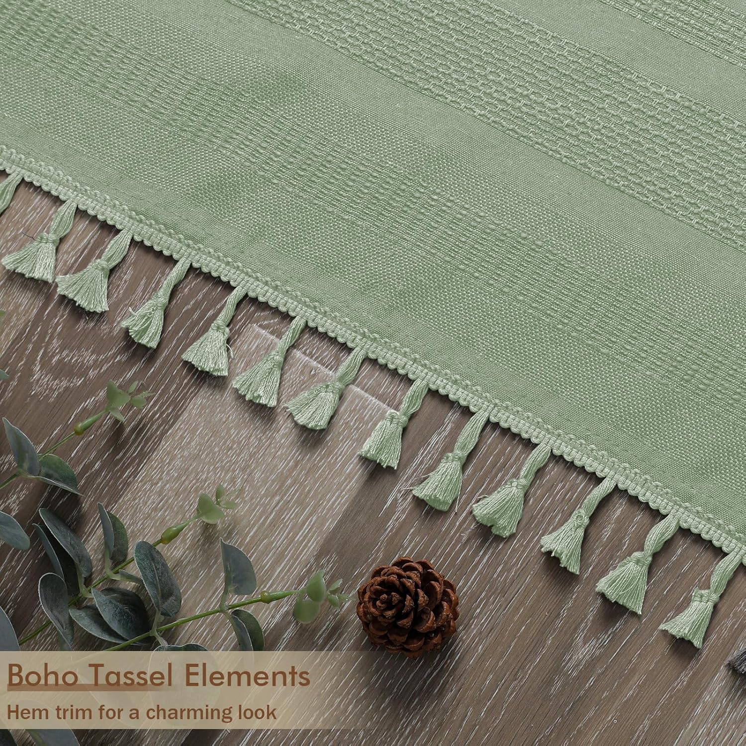 OVZME Extra Long Boho Shower Curtain 84 Inch Long, Modern Farmhouse Heavy Duty Linen Textured Soft Fabric, Rustic Country Cloth Shower Curtain with Tassel for Bathroom Hotel, 72Wx84L, Light Green