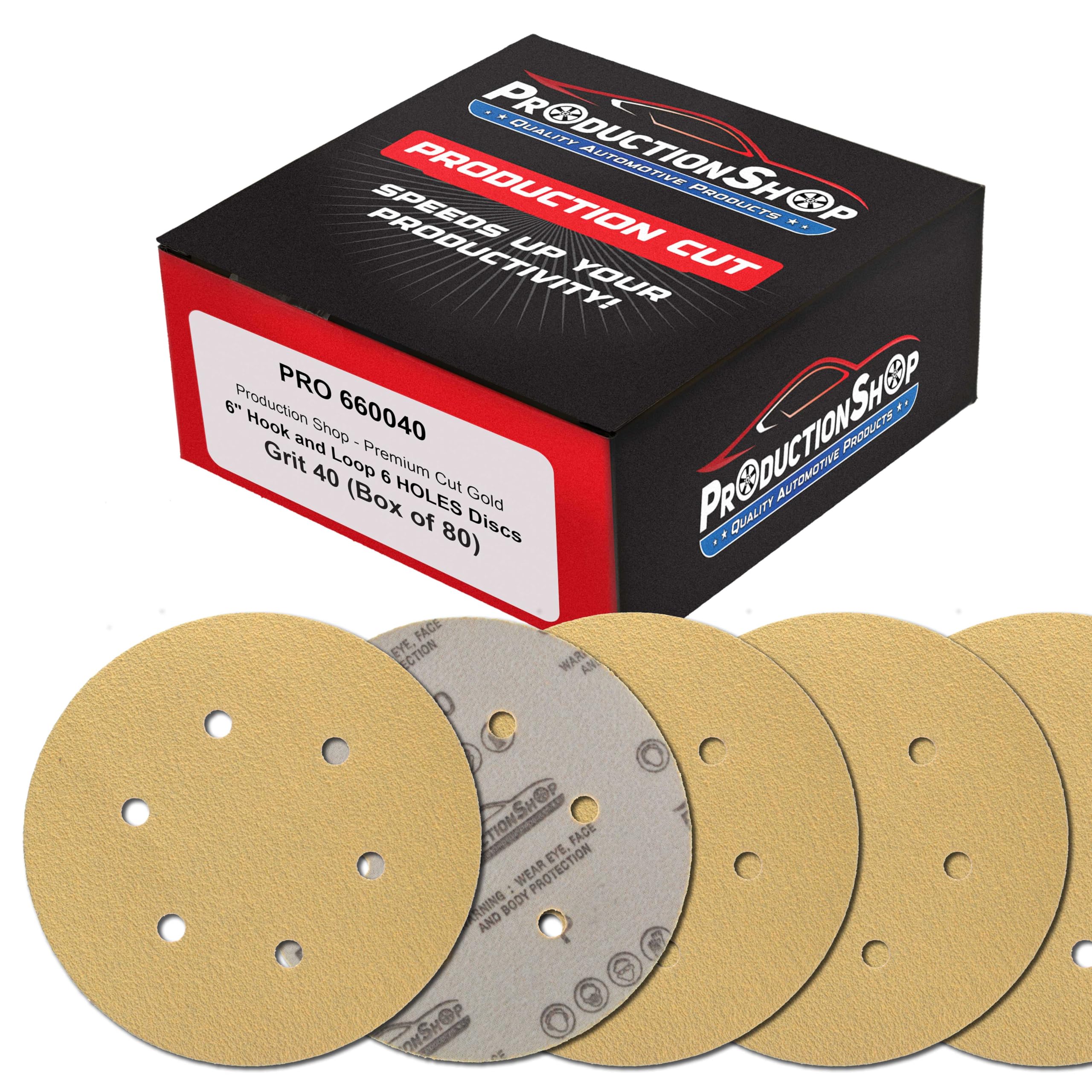 ProductionShop Discos de lijado dorados de grano 40 de 6 pulgadas, patrón de 6 agujeros, caja de 80 – Papel de lija de respaldo de velcro sin polvo para lijadoras orbitales DA y aleatorias, pintura de