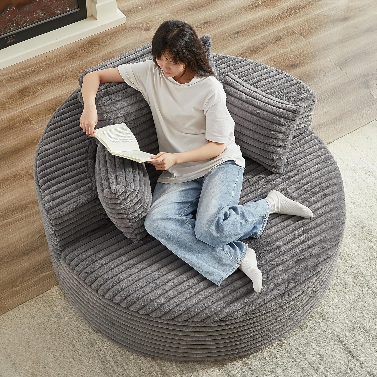 Oversized Round Chaise Longue Chair Indoor, Modern 55 inch Upholstered Corduroy Deep Seat Circle Single Cloud Lounge Floor Sofa Chair for Living Room Bedroom Apartment, Grey