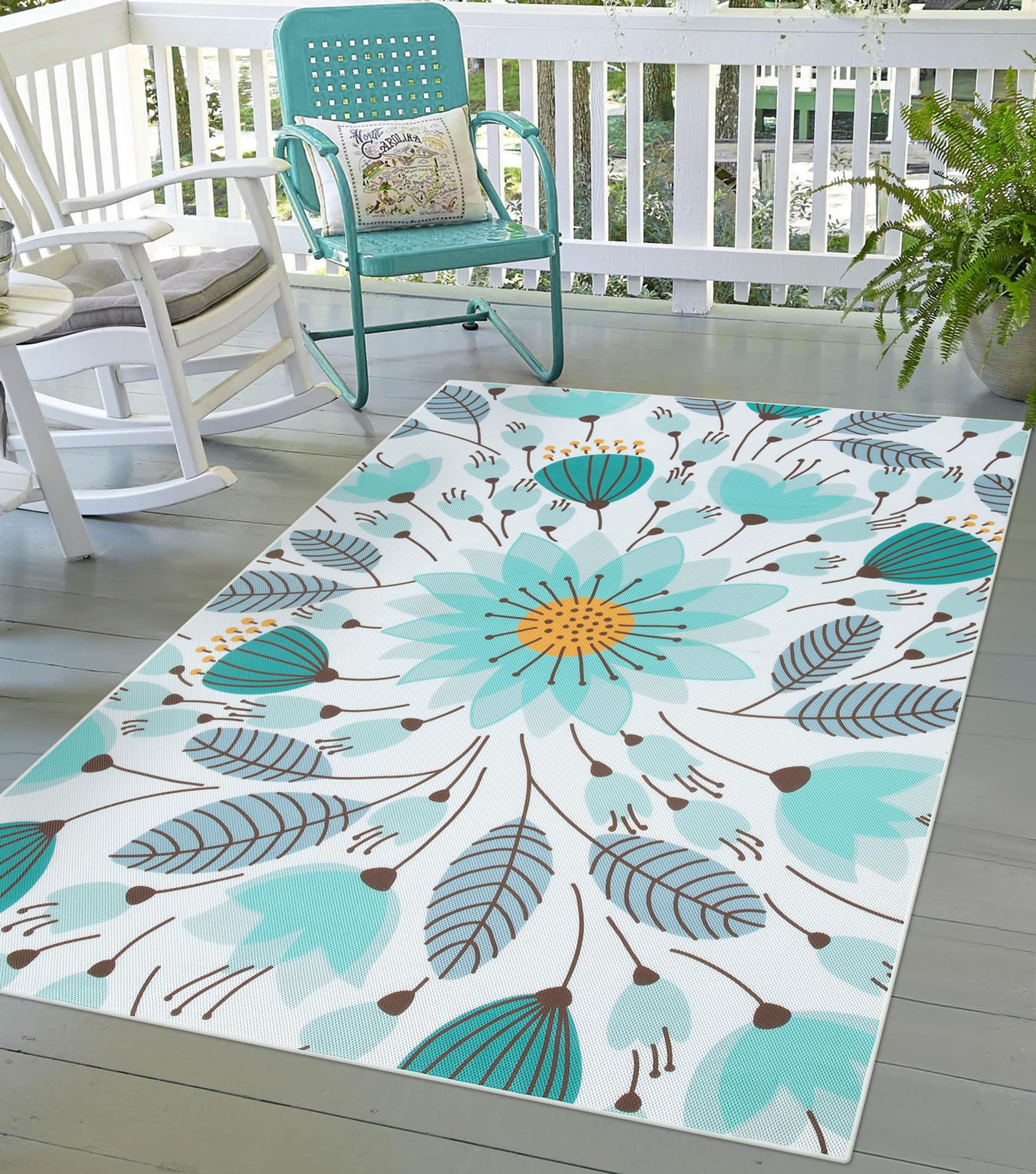 Uphome Indoor Outdoor Rug Mat, Non-Slip Blue Floral Patio Rug, Breathable & Quick Drying RV Camping Rug, Portable Washable Outdoor Carpet for Backyard Garden Deck Pool Balcony Picnic