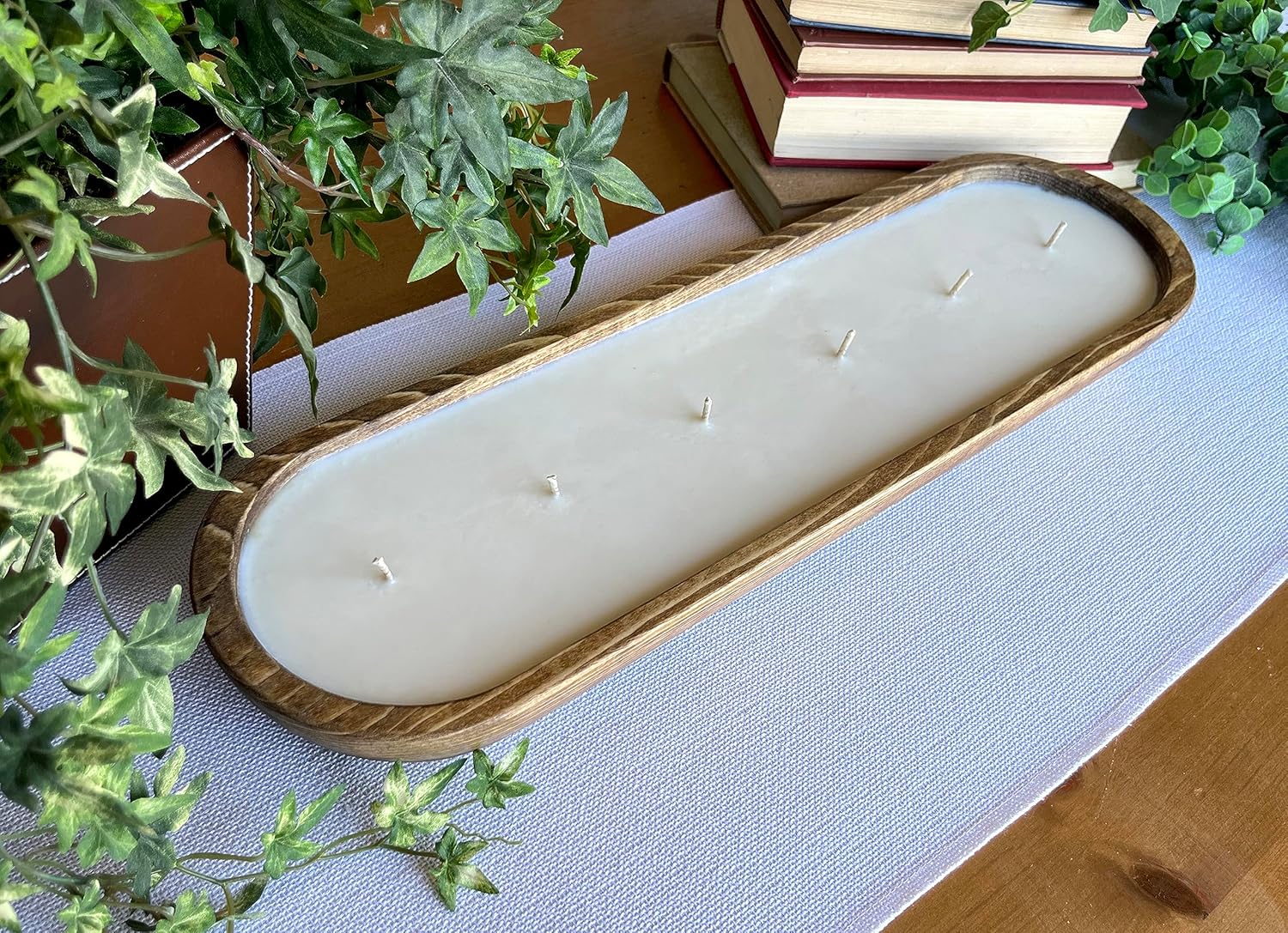 Bonneville Handmade Candles | 6 Wick Pine Wood Bowl | 19" x 5.5" x 2" Hand Poured, Dough Bowl Candle | Up to 50 Hour Long Burn Time | 100% Soy Wax | Scented Rustic Holiday Gift (Warm Vanilla)