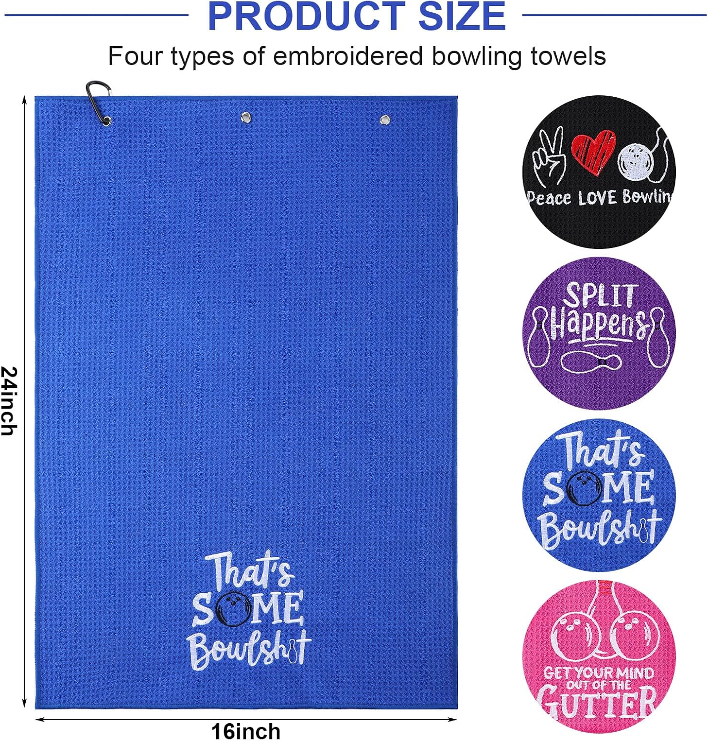 4 Microfiber Bowling Towel Embroidered Bowling Ball Shammy Pad | Bowling Ball Rag with 4 Grommets, Improve Grip & Precision, Funny Bowling Gifts for Bowling Lover Accessories, 24" x 16"