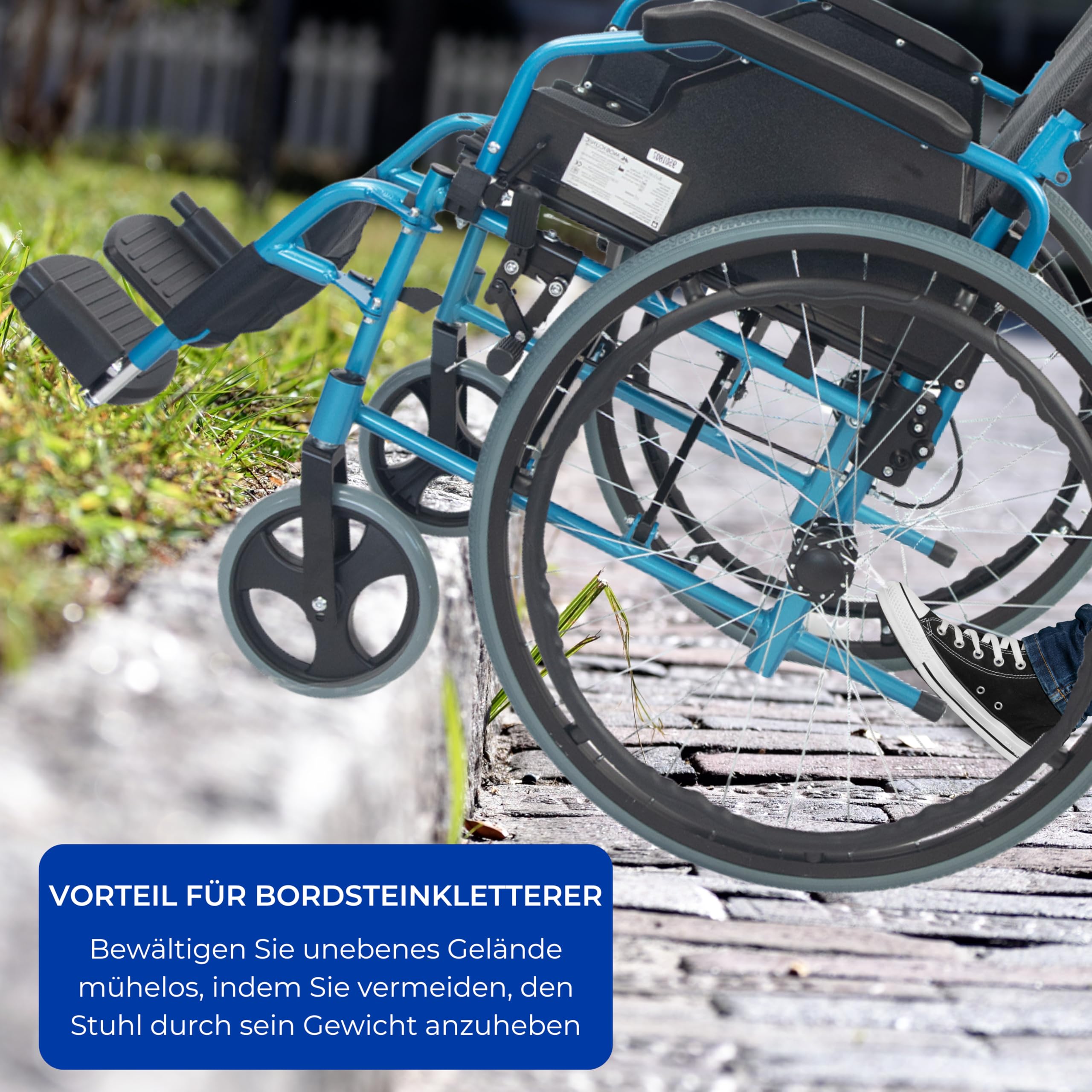 Mobiclinic®, Rollstuhl, Bolonia, Aluminium, Faltbar und leicht, Klappbare geteilte rückenlehne, Abnehmbare fußstütze, Armlehnen, Für erwachsene, Blau