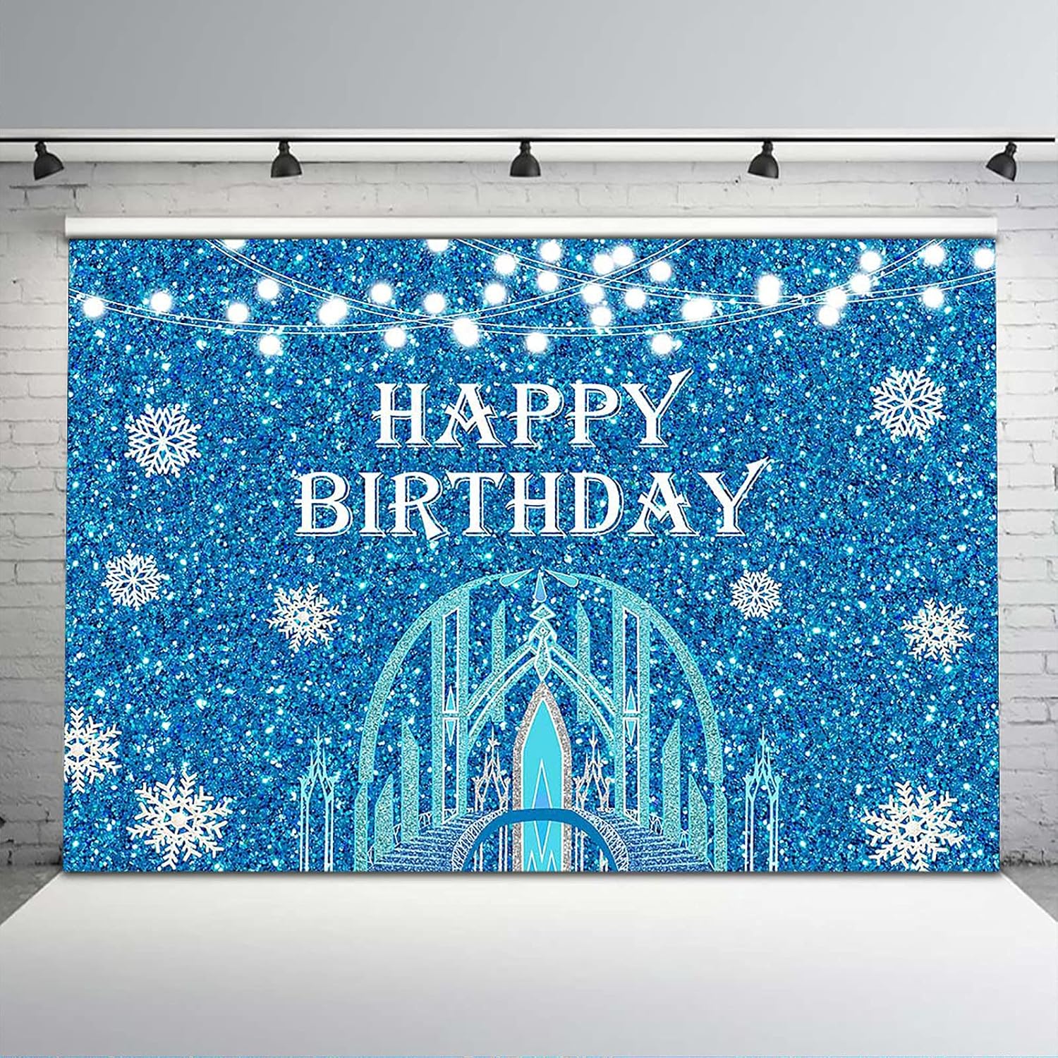 Avezano Winter Happy Birthday Backdrop Ice Blue Frozen Castle Birthday Party Background Snowflake Princess Girls Bday Cake Table Banner Photo Booth Props (10x8)