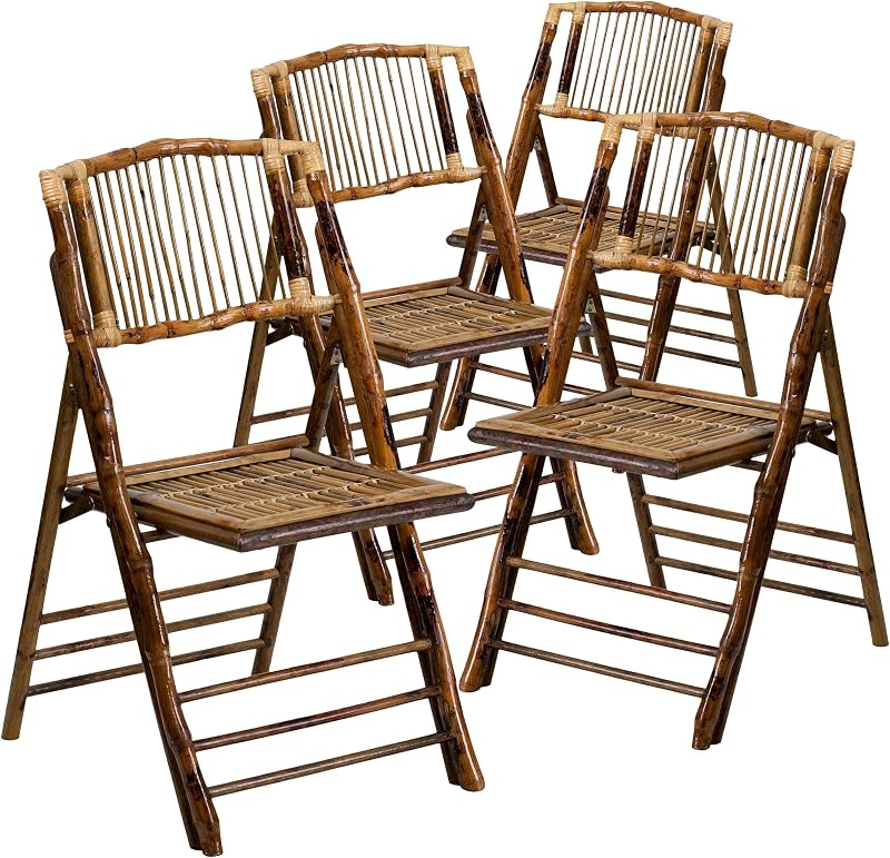 Flash Furniture Folding Bohemian Bamboo Chairs with Curved Backs, Modern Bamboo Folding Dining Chairs, 300 lb. Static Weight Capacity, Set of 4 | Durable Construction, Commercial Use