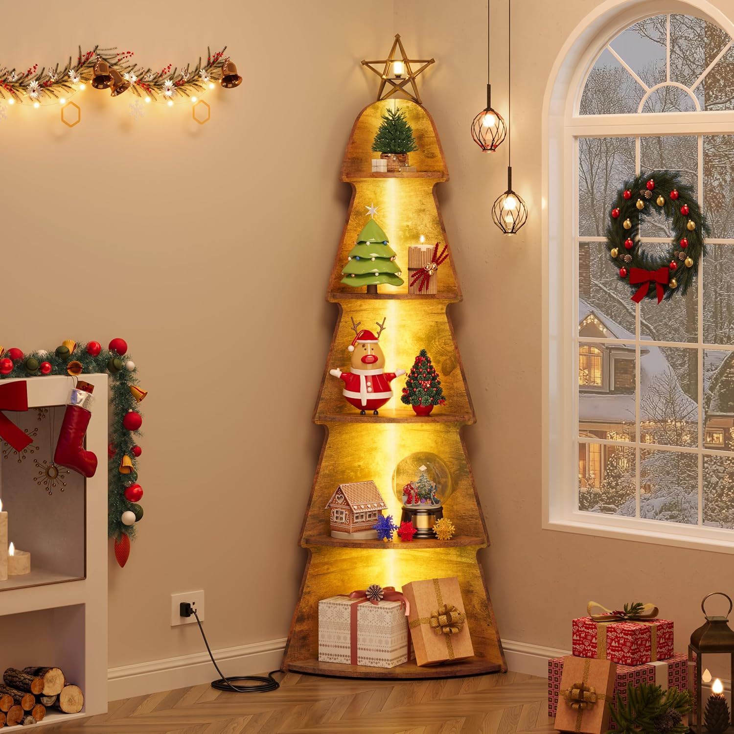 Hoctieon 5-Tier Corner Shelf with LED Light, Christmas Tree Shaped Corner Bookshelf with Storage, Retro Corner Shelf Stand, Wood Ladder Bookcase, Space-Saving Display Storage Rack, Rustic Brown