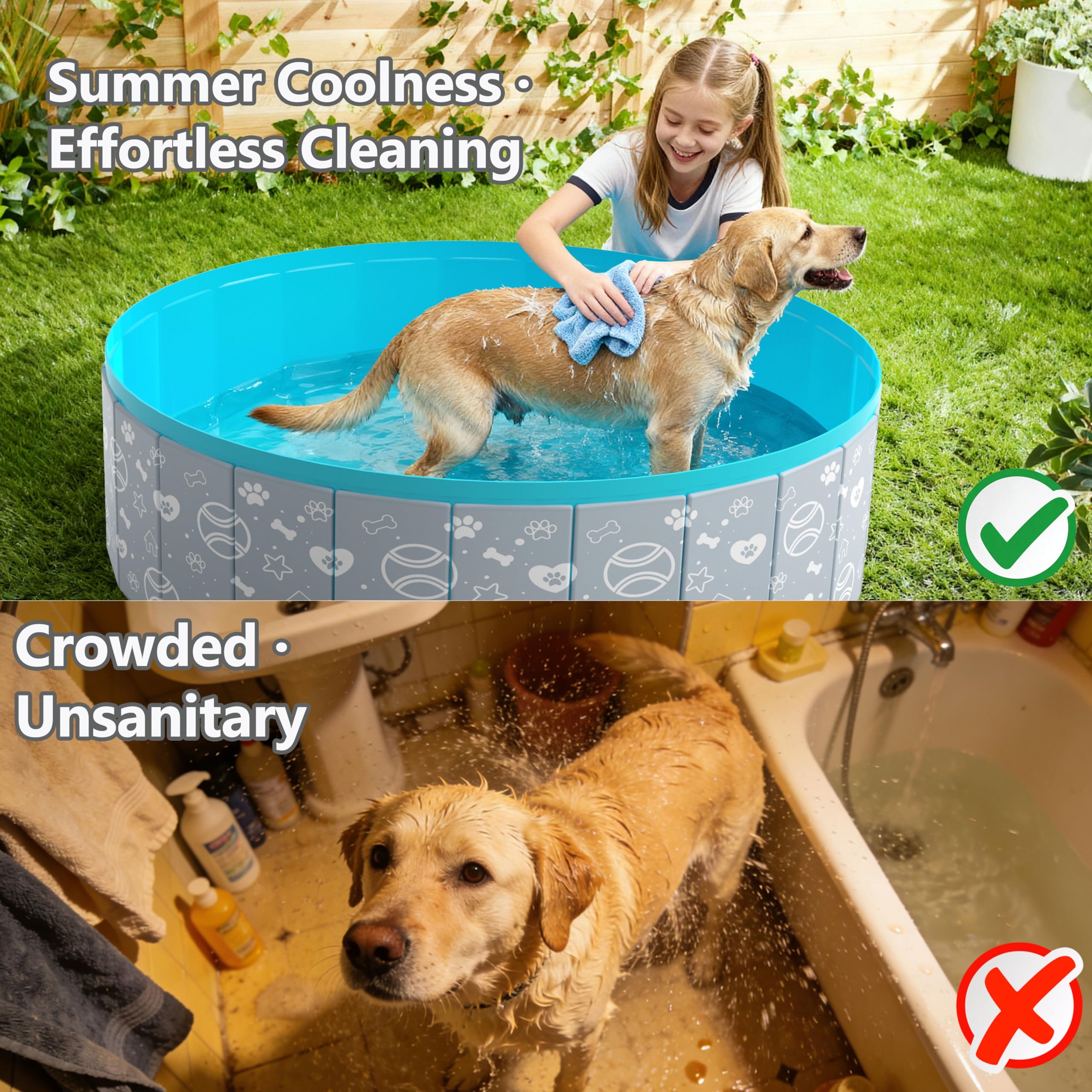 Hundepool für Große & Kleine Hunde, Verbessertes und Verstärktes PVC Pool mit Drainageadapter, Tragbares und Faltbar Planschbecken für Kinder, Sommer-Kühlbadewanne(160x30cm)