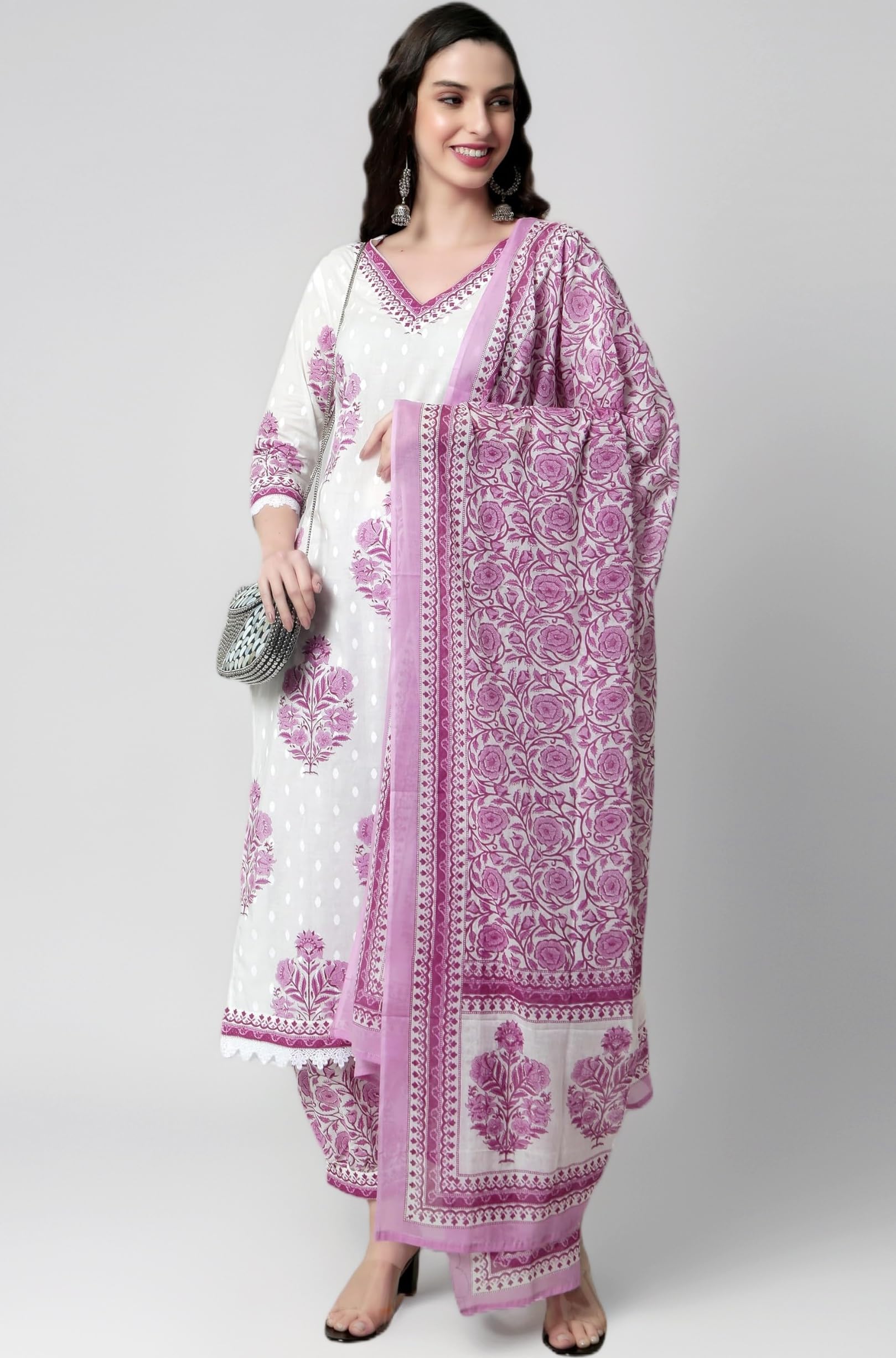 Women's Cotton Printed Floral Straight Kurta with Palazzo Pants and Dupatta