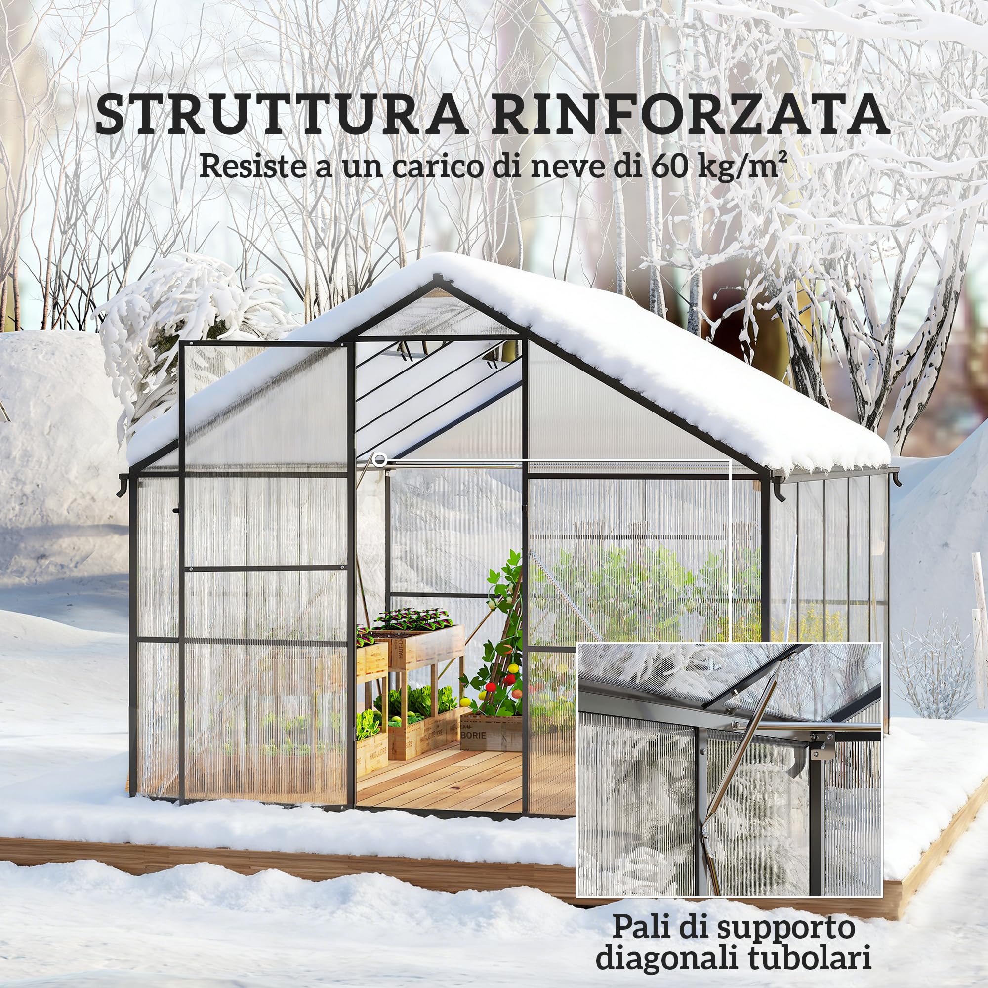 Outsunny Serra da Giardino Policarbonato con Grondaie 304x247x205cm Nero | 7.5㎡, Telaio in Lega di Alluminio, Serra per Orto, 2 Finestre a Tetto Regolabili, Porta a Battente, Anti UV, per Piante