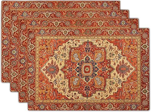 Giwawa Juego de 4 manteles individuales étnicos bohemios, vintage, color naranja, marrón, retro, con flores, decorativos, de lino, de 12 x 18